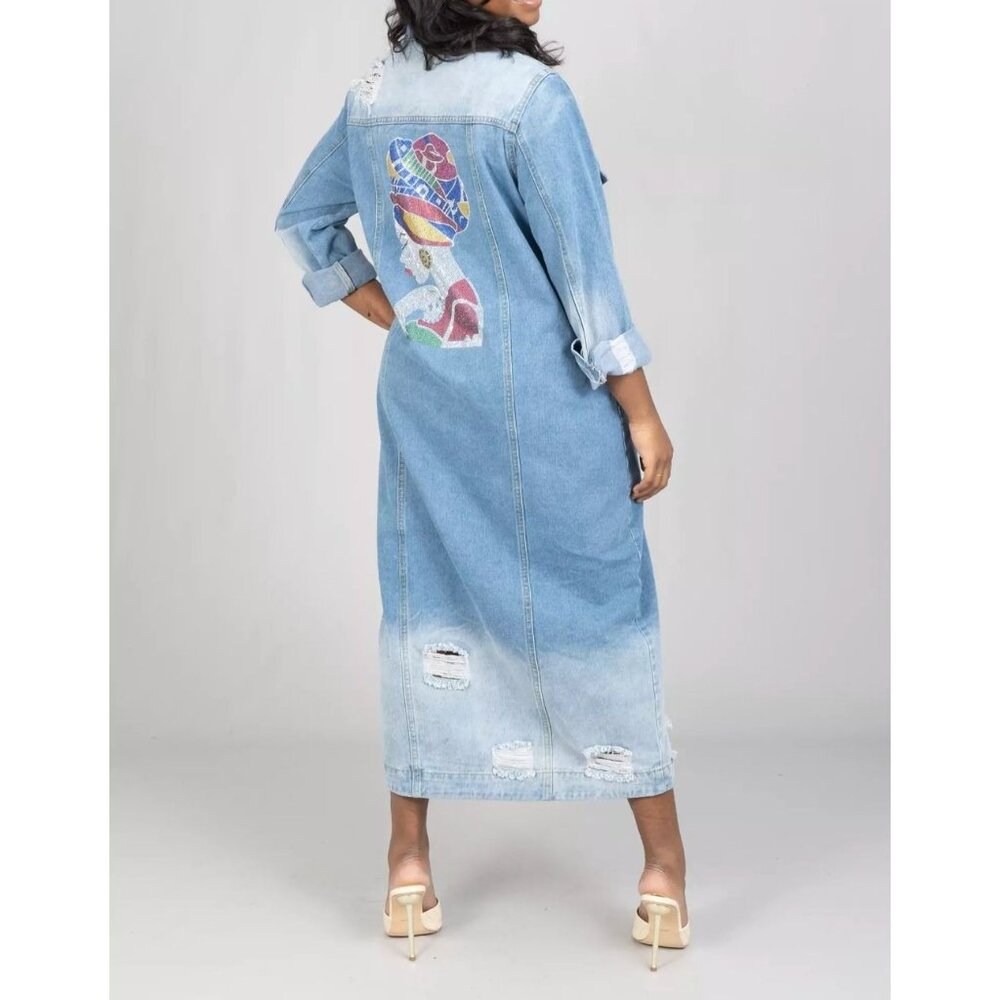 Light Blue Distressed Long Duster Denim Jacket Dress Rhinestone Graphic Size M - Picture 2 of 5
